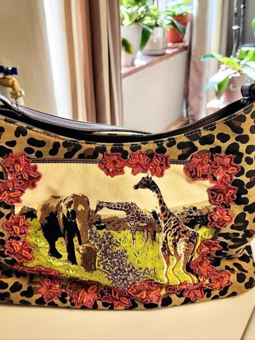 Embellished Leopard Shoulder Bag in Brown, Black & Green, Like New